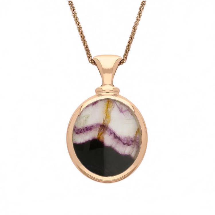 9ct Rose Gold Whitby Jet Blue John Small Double Sided Oval Fob Necklace - Rose Gold