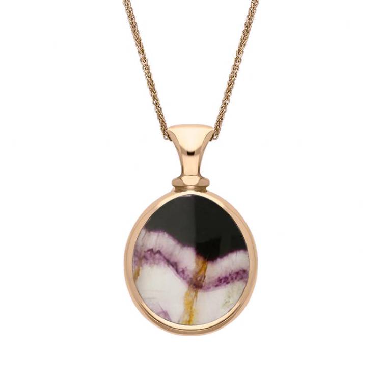 9ct Rose Gold Whitby Jet Blue John Small Double Sided Pear Fob Necklace