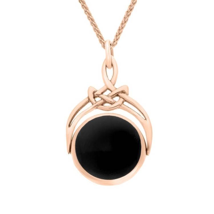 9ct Rose Gold Whitby Jet Round Swivel Fob Necklace - Gold