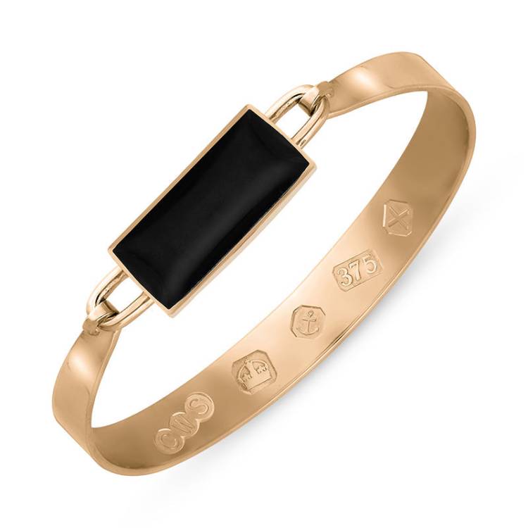 9ct Rose Gold Whitby Jet Hallmark Wide Oblong Bangle - Gold
