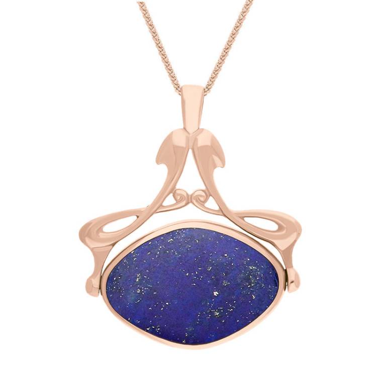 9ct Rose Gold Whitby Jet Lapis Lazuli Bell Diamond Swivel Fob Necklace - Gold
