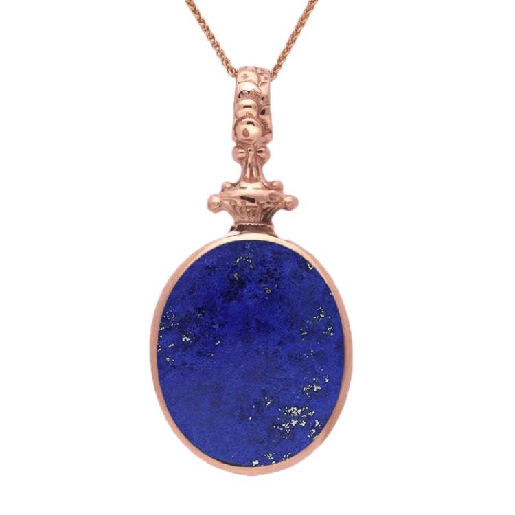 9ct Rose Gold Whitby Jet Lapis Lazuli Double Sided Oval Fob Necklace - Rose Gold
