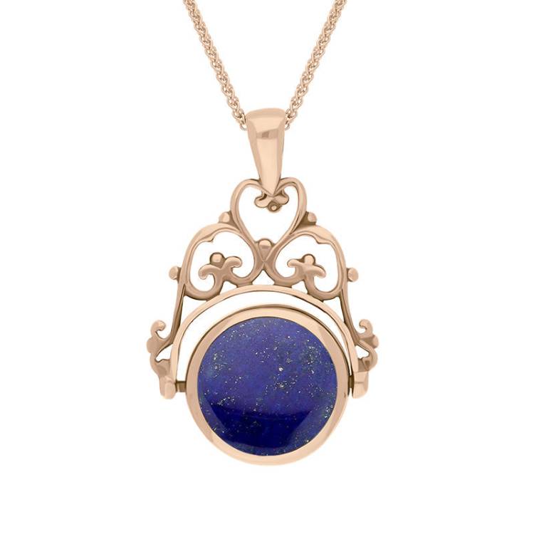 9ct Rose Gold Whitby Jet Lapis Lazuli Double Sided Round Swivel Fob Necklace - Rose Gold