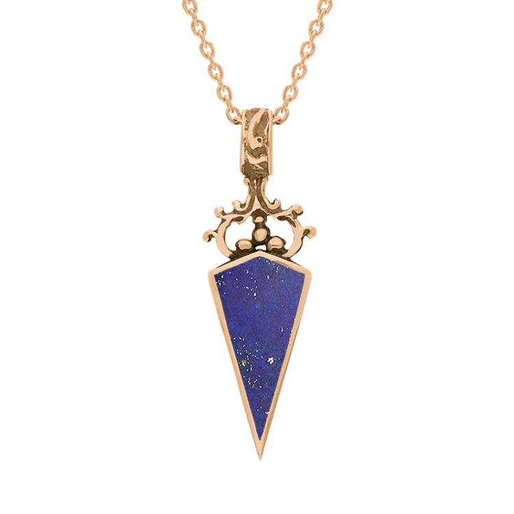 9ct Rose Gold Whitby Jet Lapis Lazuli Double Sided Scroll Dagger Fob Necklace - Rose Gold