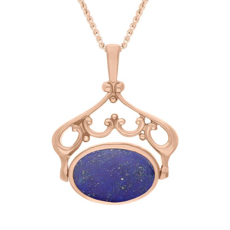 9ct Rose Gold Whitby Jet Lapis Lazuli Double Sided Oval Swivel Fob Necklace - Rose Gold