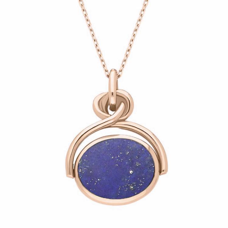 9ct Rose Gold Whitby Jet Lapis Lazuli Oval Swivel Fob Necklace - Rose Gold