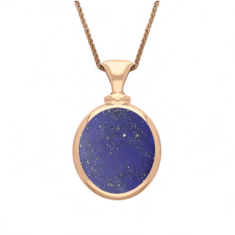 9ct Rose Gold Whitby Jet Lapis Lazuli Small Double Sided Oval Fob Necklace - Rose Gold