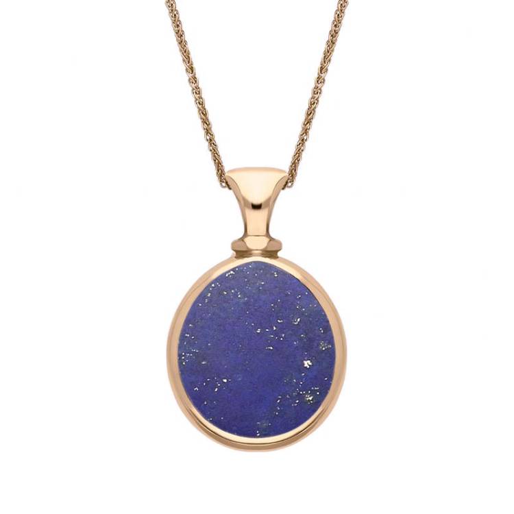 9ct Rose Gold Whitby Jet Lapis Lazuli Small Double Sided Pear Fob Necklace