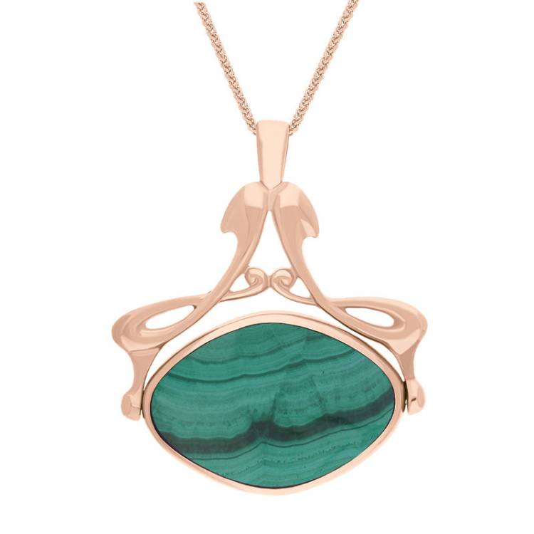 9ct Rose Gold Whitby Jet Malachite Bell Diamond Swivel Fob Necklace - Gold