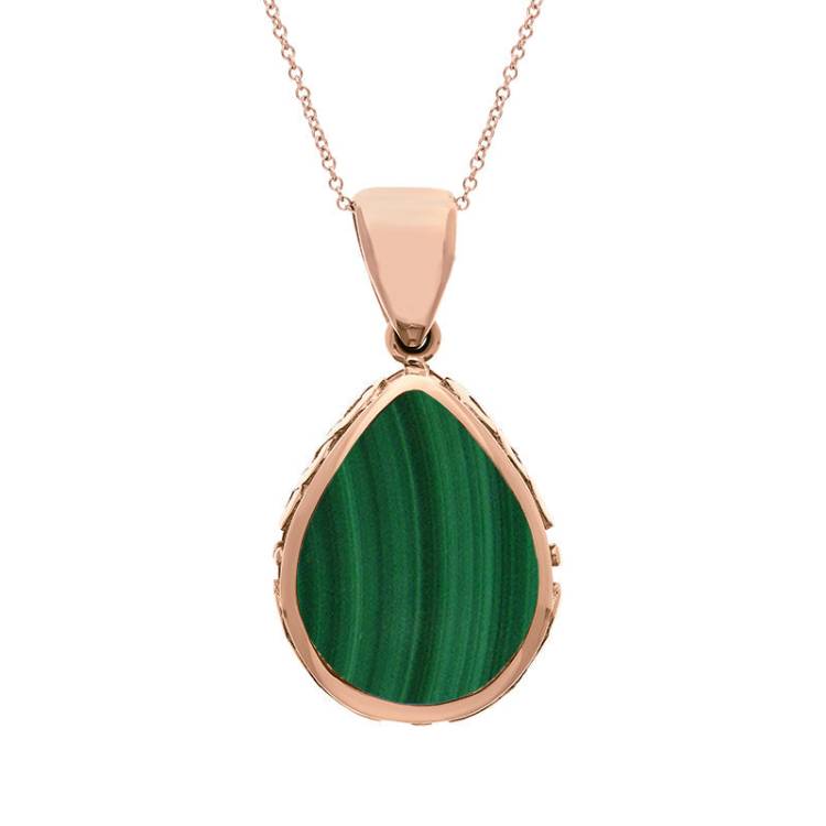9ct Rose Gold Whitby Jet Malachite Double Sided Celtic Edge Pear Cut Fob Necklace - Rose Gold