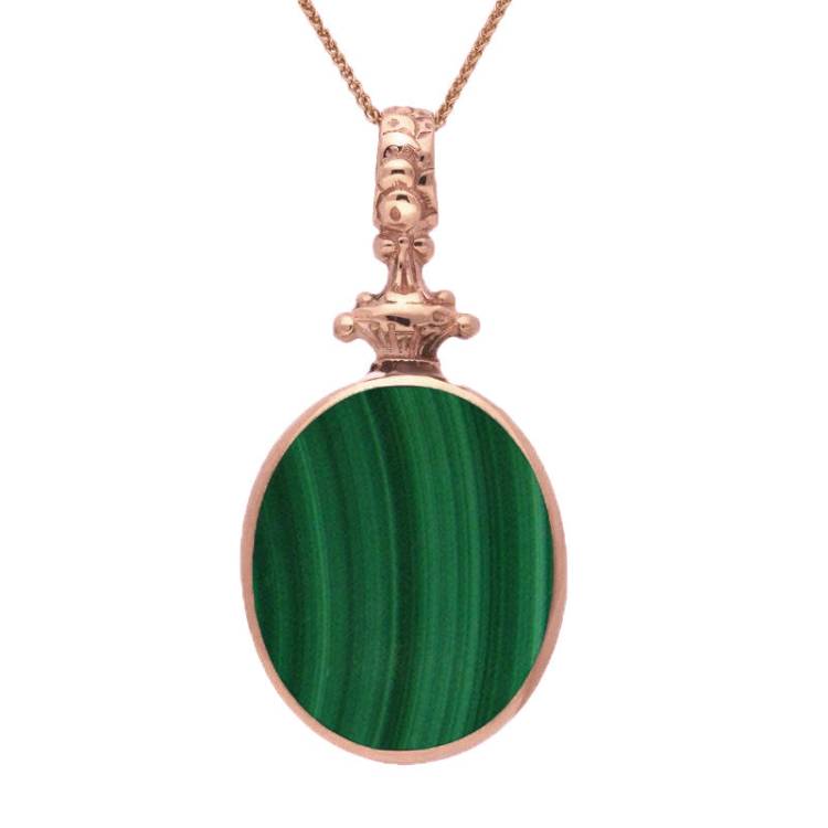 9ct Rose Gold Whitby Jet Malachite Double Sided Oval Fob Necklace - Rose Gold