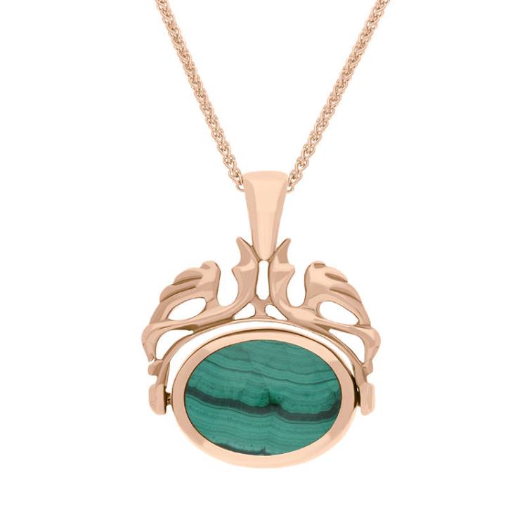 9ct Rose Gold Whitby Jet Malachite Double Sided Oval Swivel Fob Necklace - Rose Gold