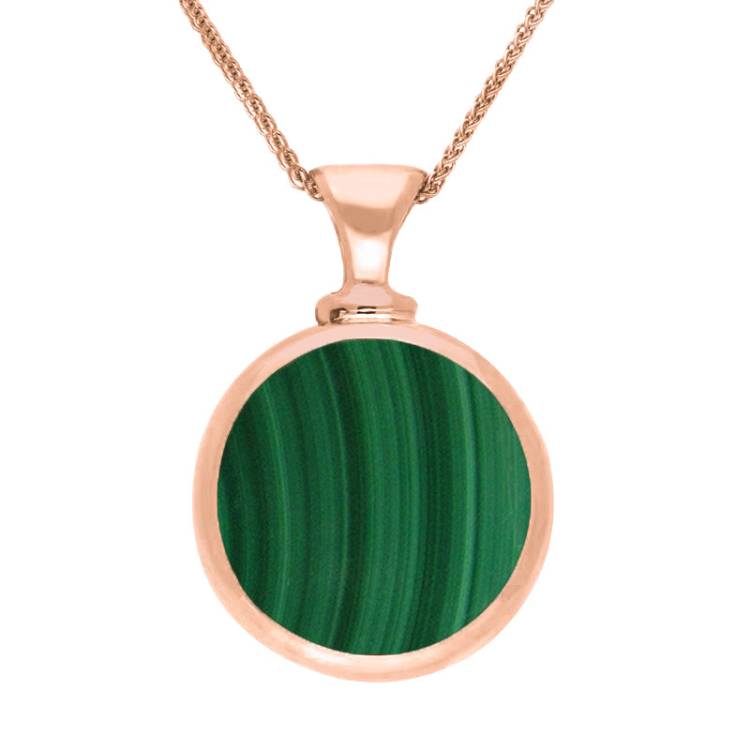 9ct Rose Gold Whitby Jet Malachite Double Sided Round Dinky Fob Necklace - Rose Gold