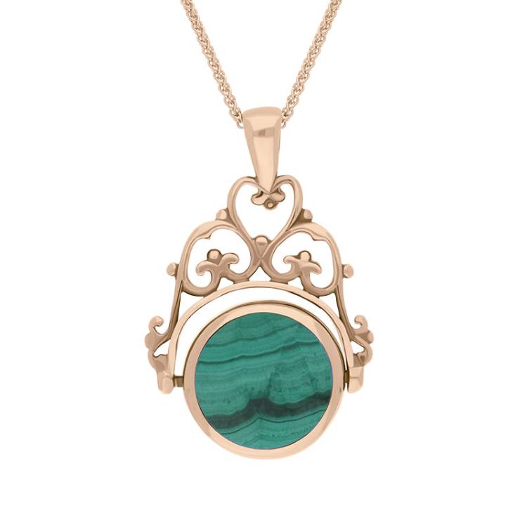 9ct Rose Gold Whitby Jet Malachite Double Sided Round Swivel Fob Necklace - Rose Gold