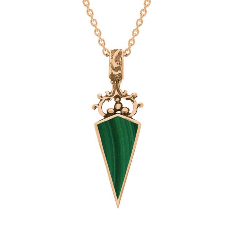 9ct Rose Gold Whitby Jet Malachite Double Sided Scroll Dagger Fob Necklace - Rose Gold