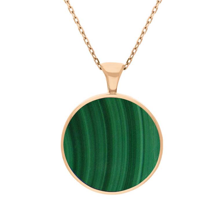 9ct Rose Gold Whitby Jet Malachite Large Double Sided Round Fob Necklace - Rose Gold