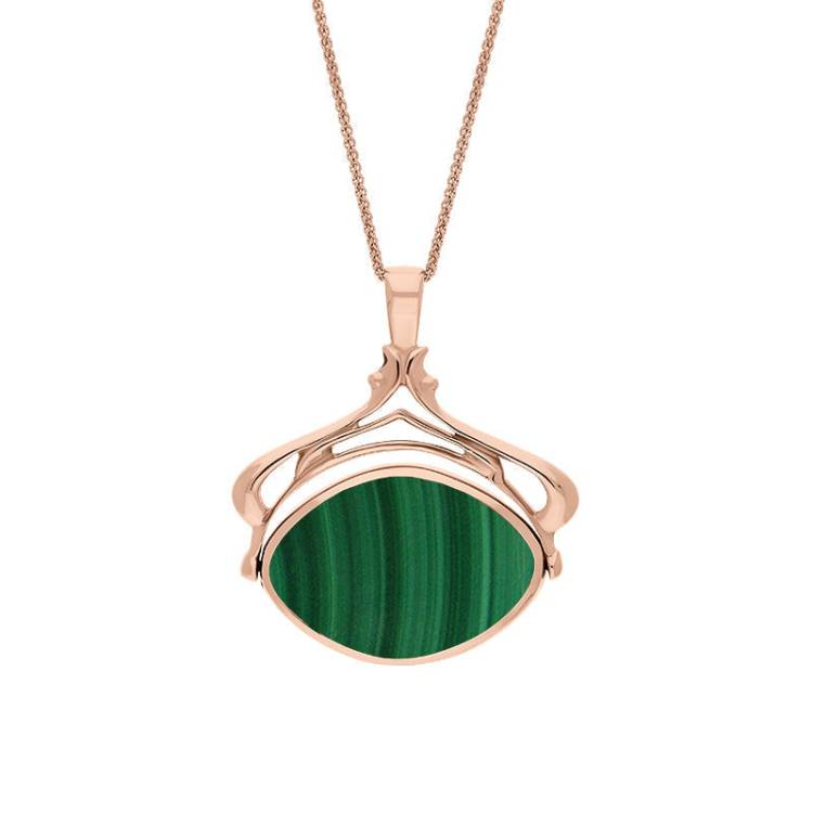 9ct Rose Gold Whitby Jet Malachite Marquise Swivel Fob Necklace - Gold