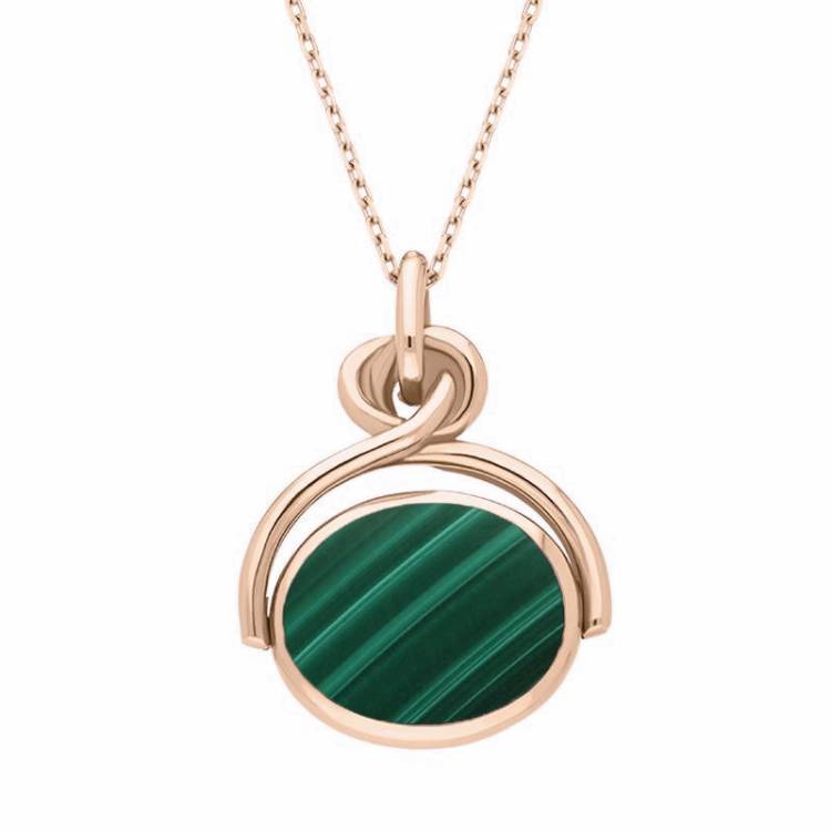 9ct Rose Gold Whitby Jet Malachite Oval Swivel Fob Necklace - Rose Gold
