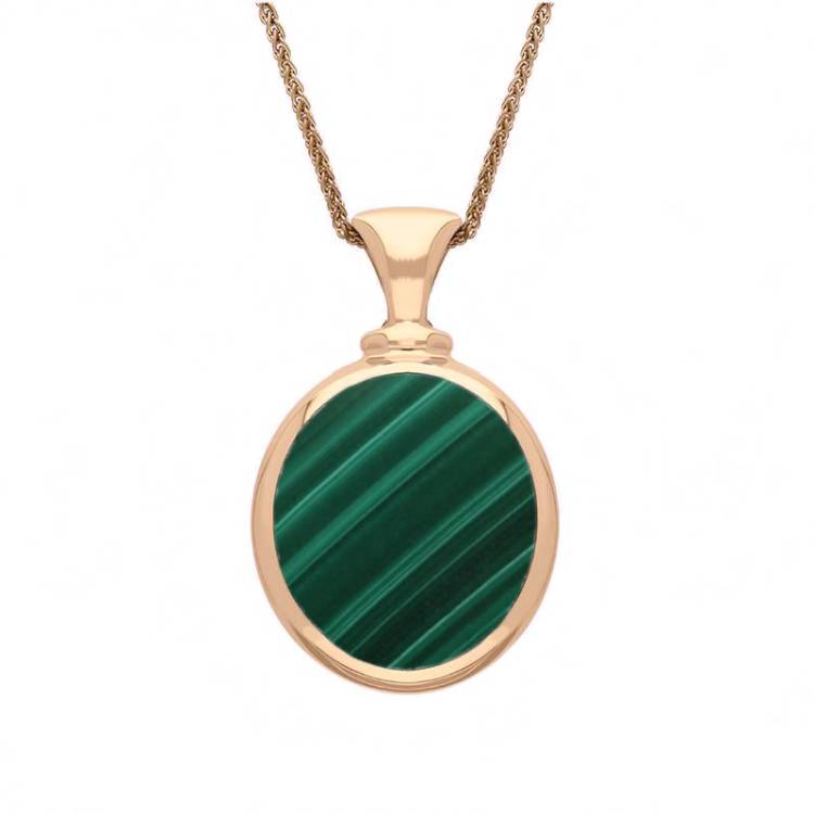 9ct Rose Gold Whitby Jet Malachite Small Double Sided Oval Fob Necklace - Rose Gold