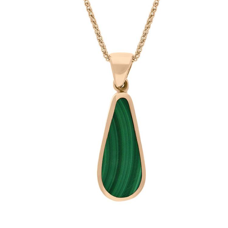 9ct Rose Gold Whitby Jet Malachite Small Double Sided Pear Cut Fob Necklace - Rose Gold