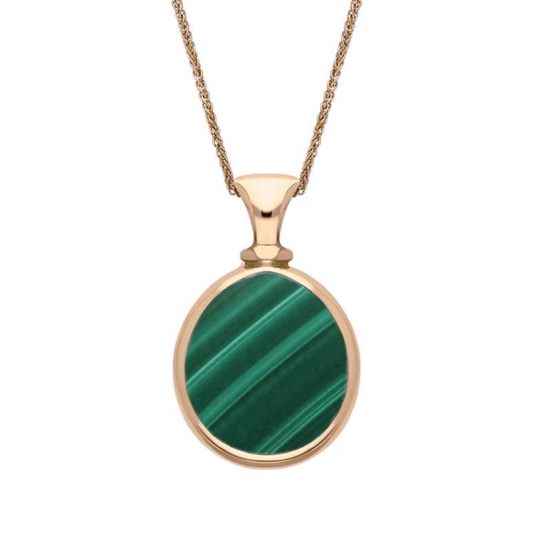 9ct Rose Gold Whitby Jet Malachite Small Double Sided Pear Fob Necklace