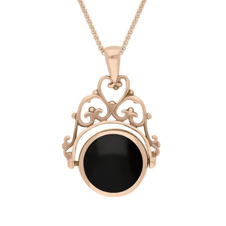 9ct Rose Gold Whitby Jet Mother Of Pearl Double Sided Round Swivel Fob Necklace - Rose Gold