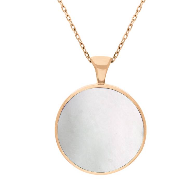 9ct Rose Gold Whitby Jet Mother Of Pearl Large Double Sided Round Fob Necklace - Rose Gold