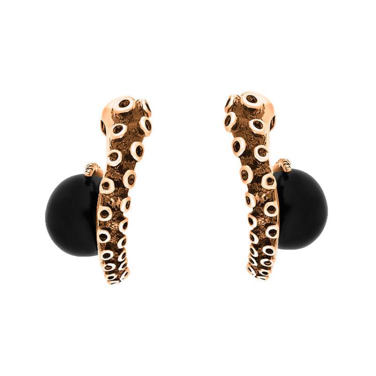 9ct Rose Gold Whitby Jet Tentacle Hoop Earrings - Gold