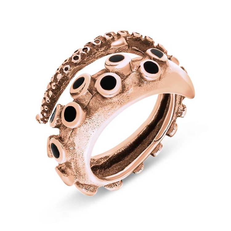 9ct Rose Gold Whitby Jet Tentacle Ring - Silver