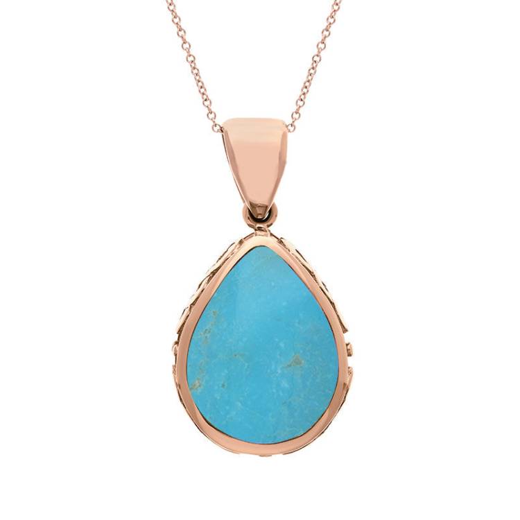 9ct Rose Gold Whitby Jet Turquoise Double Sided Celtic Edge Pear Cut Fob Necklace - Rose Gold