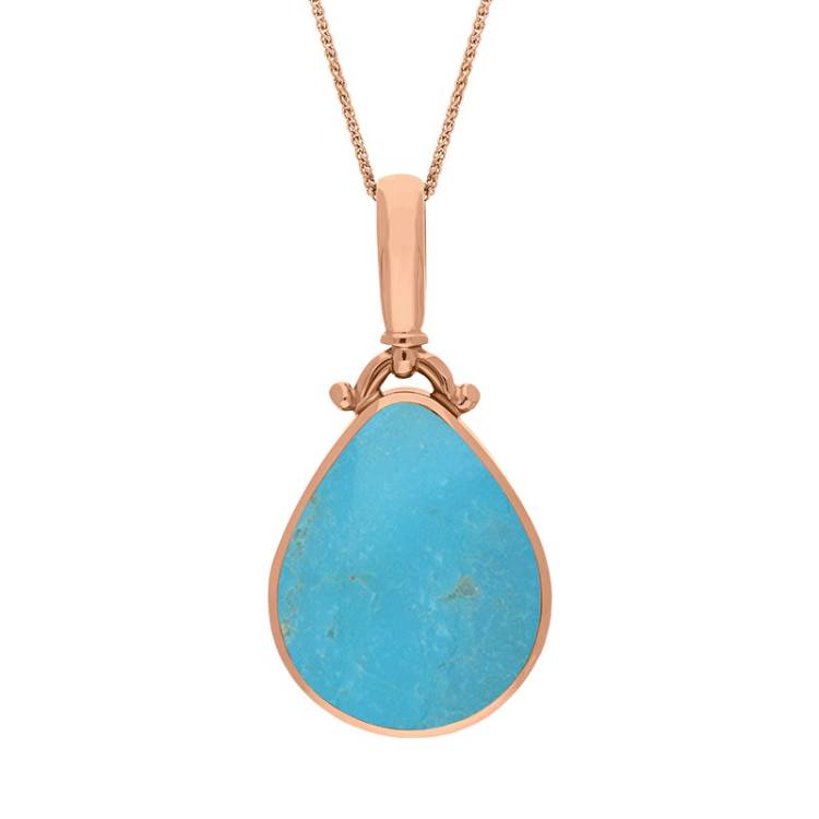 9ct Rose Gold Whitby Jet Turquoise Double Sided Pear Fob Necklace - Rose Gold