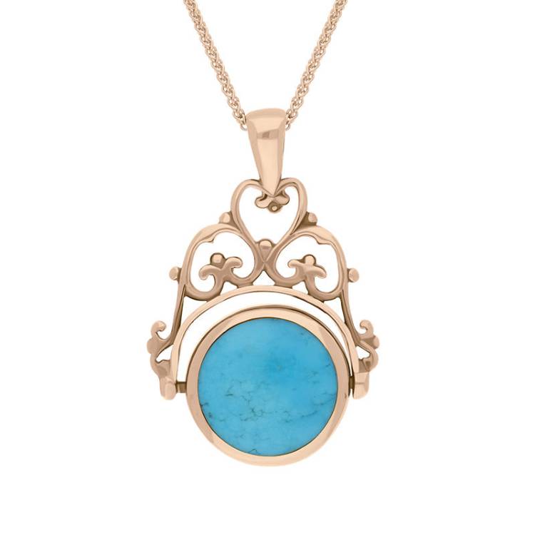 9ct Rose Gold Whitby Jet Turquoise Double Sided Round Swivel Fob Necklace - Rose Gold