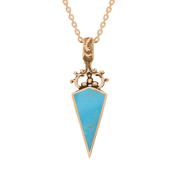 9ct Rose Gold Whitby Jet Turquoise Double Sided Scroll Dagger Fob Necklace - Rose Gold