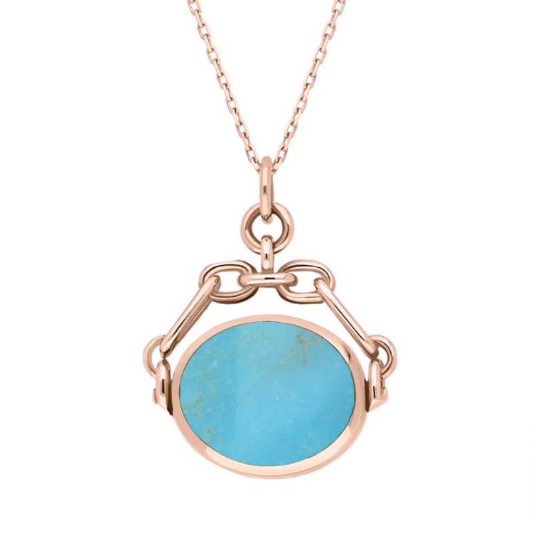 9ct Rose Gold Whitby Jet Turquoise Double Sided Swivel Fob Necklace - Rose Gold