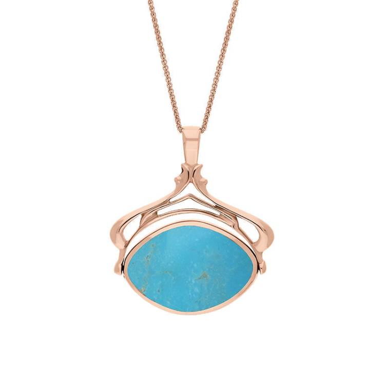 9ct Rose Gold Whitby Jet Turquoise Marquise Swivel Fob Necklace - Gold