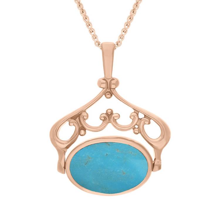 9ct Rose Gold Whitby Jet Turquoise Double Sided Oval Swivel Fob Necklace - Rose Gold