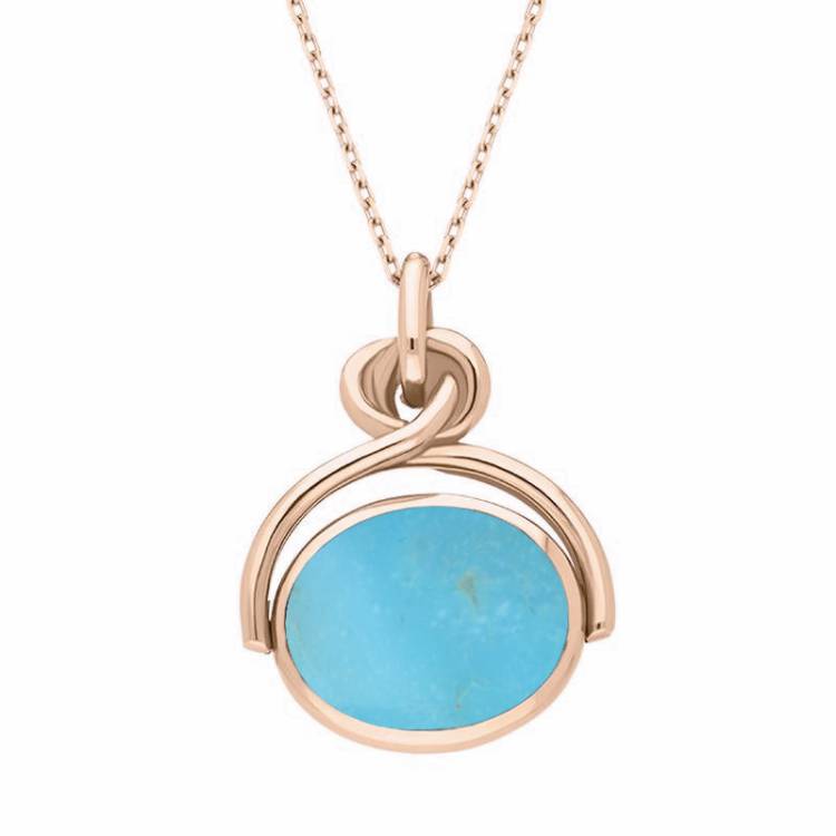 9ct Rose Gold Whitby Jet Turquoise Oval Swivel Fob Necklace - Rose Gold