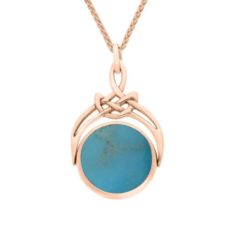 9ct Rose Gold Whitby Jet Turquoise Round Swivel Fob Necklace - Gold