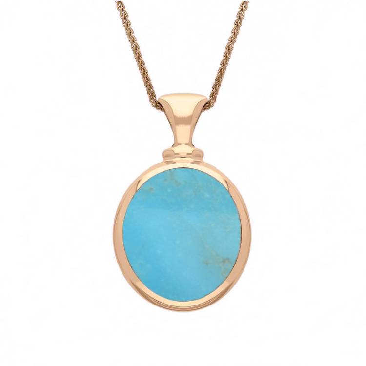 9ct Rose Gold Whitby Jet Turquoise Small Double Sided Oval Fob Necklace - Rose Gold