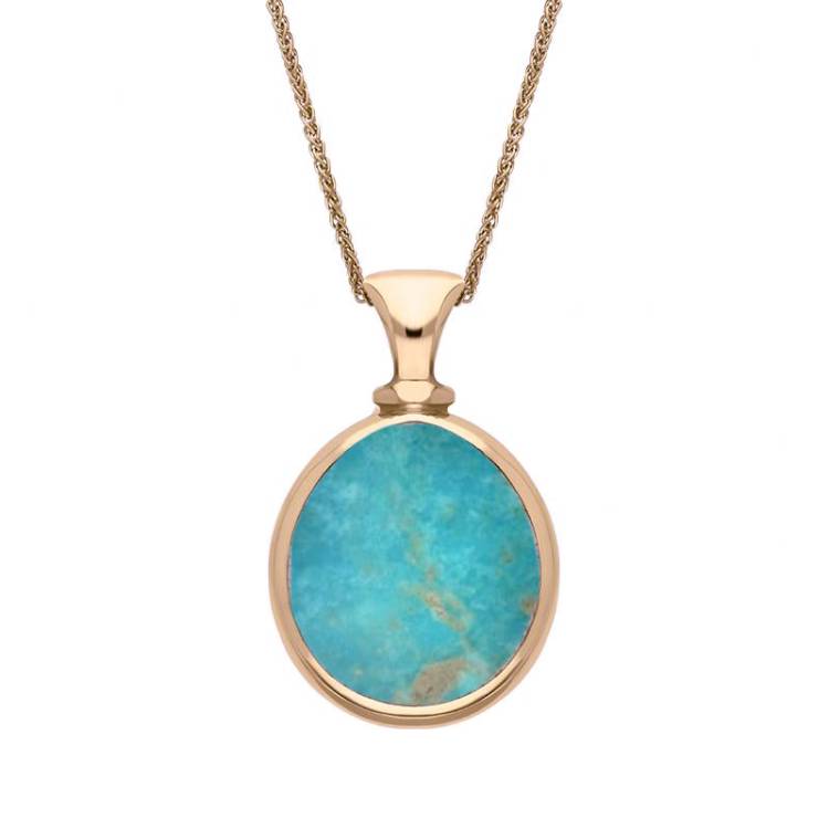 9ct Rose Gold Whitby Jet Turquoise Small Double Sided Pear Fob Necklace