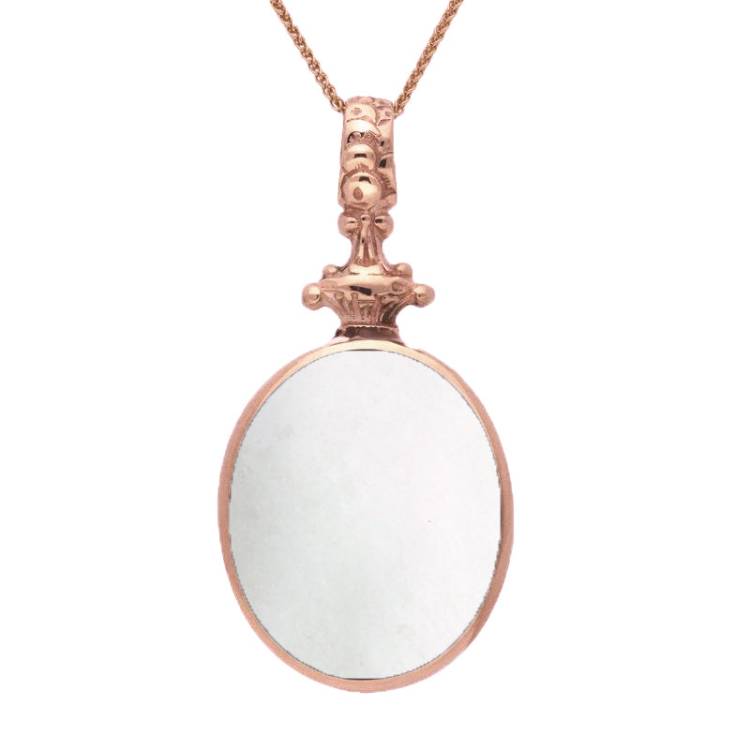 9ct Rose Gold Whitby Jet White Mother Of Pearl Double Sided Oval Fob Necklace - Rose Gold
