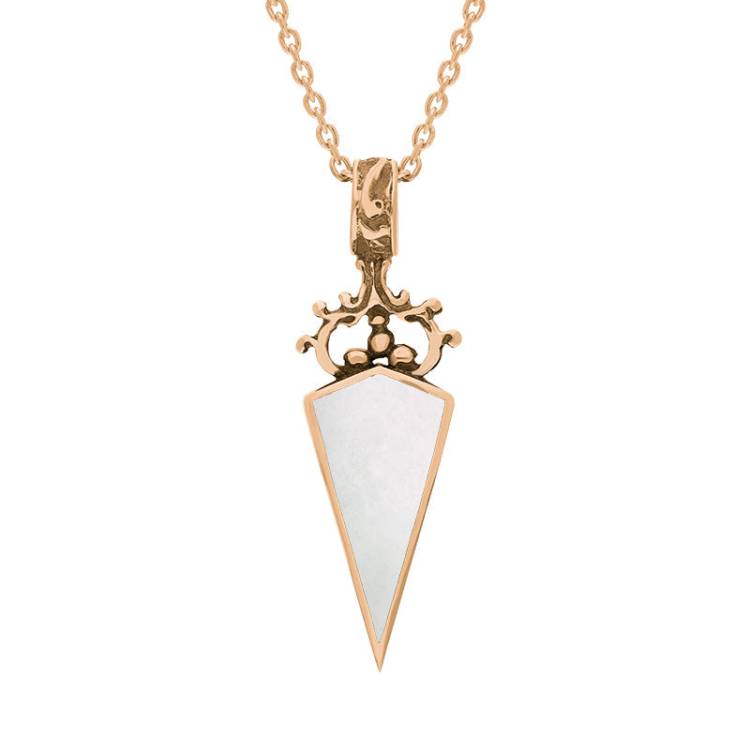 9ct Rose Gold Whitby Jet Mother Of Pearl Double Sided Scroll Dagger Fob Necklace - Rose Gold
