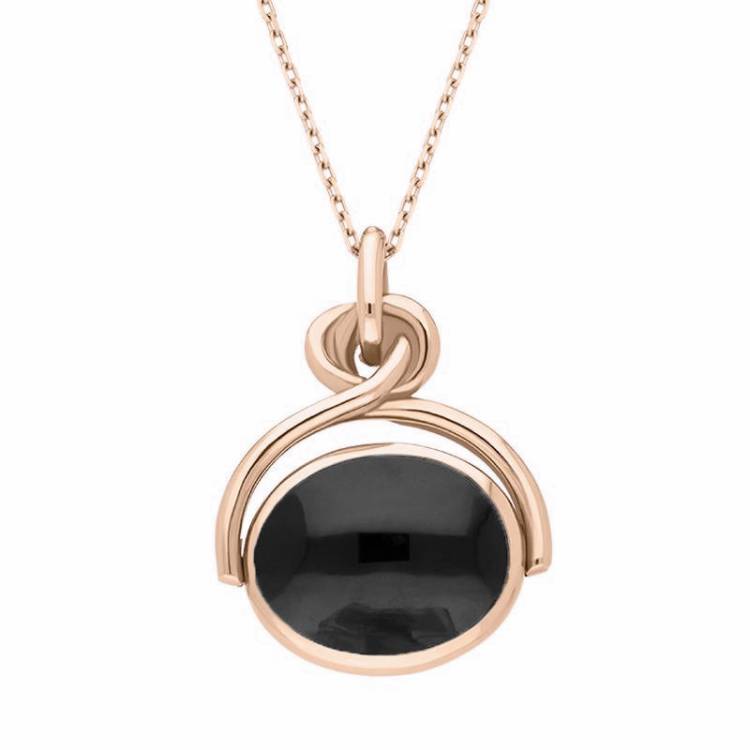 9ct Rose Gold Whitby Jet White Mother of Pearl Oval Swivel Fob Necklace - Rose Gold
