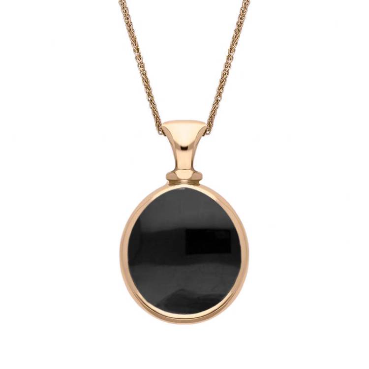 9ct Rose Gold Whitby Jet Mother Of Pearl Small Double Sided Pear Fob Necklace