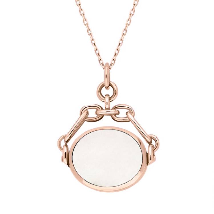 9ct Rose Gold Whitby Jet White Mother Of Pearl Double Sided Swivel Fob Necklace - Rose Gold