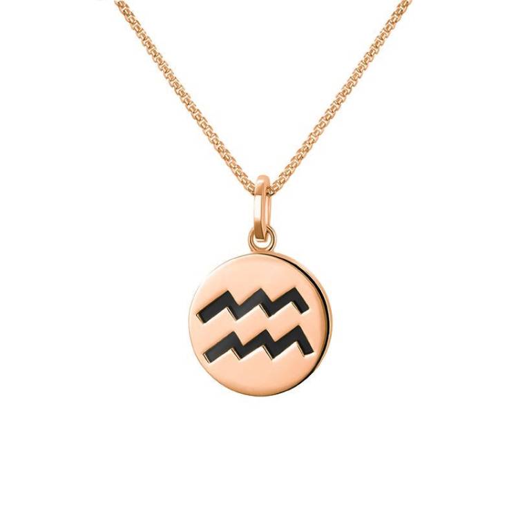 9ct Rose Gold Whitby Jet Zodiac Aquarius Round Necklace - Gold