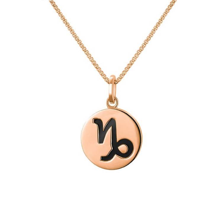 9ct Rose Gold Whitby Jet Zodiac Capricorn Round Necklace - Gold