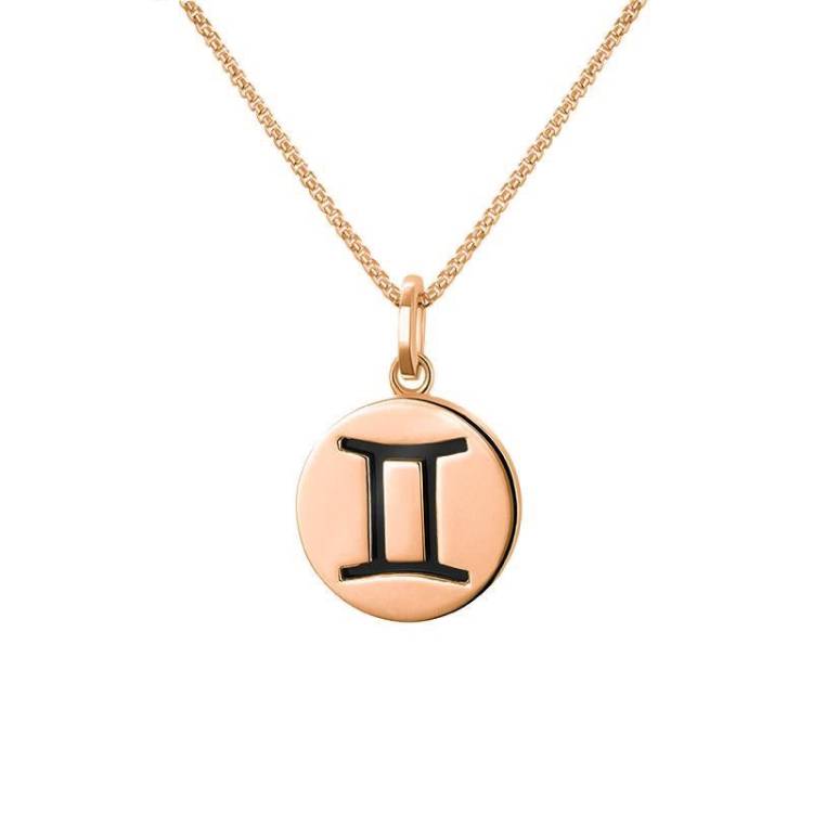 9ct Rose Gold Whitby Jet Zodiac Gemini Round Necklace - Gold
