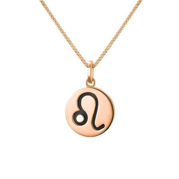 9ct Rose Gold Whitby Jet Zodiac Leo Round Necklace - Gold