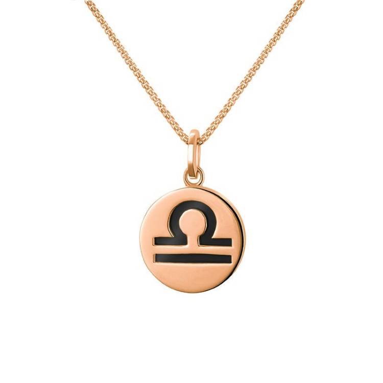 9ct Rose Gold Whitby Jet Zodiac Libra Round Necklace - Gold